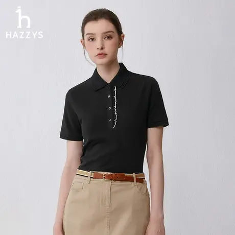 Hazzys哈吉斯木耳边门襟短袖polo衫女士夏季休闲T恤黑色运动体恤商品大图