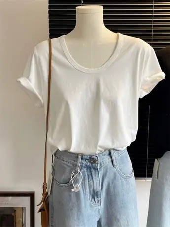 短袖t恤女夏季白色U领正肩百搭体恤小个子打底衫基础款纯棉上衣韩商品大图