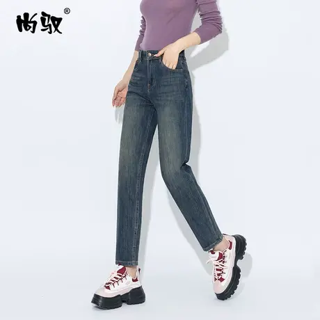 蓝色弹力高腰显瘦牛仔垮裤女秋季新款修身百搭老爹洗水怀旧哈伦裤商品大图