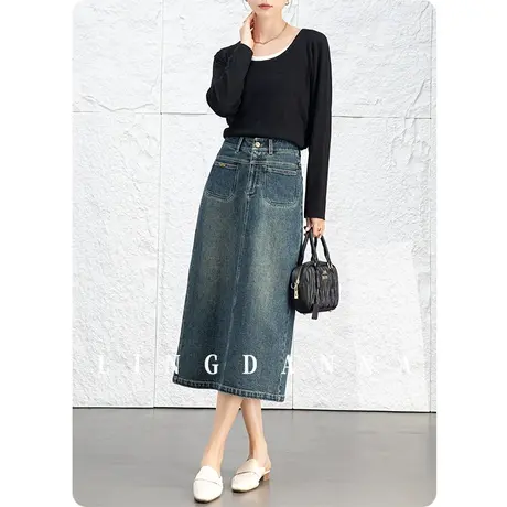 高腰复古直筒牛仔裙半身裙女中长款2024新款春秋包臀长裙开叉半裙图片