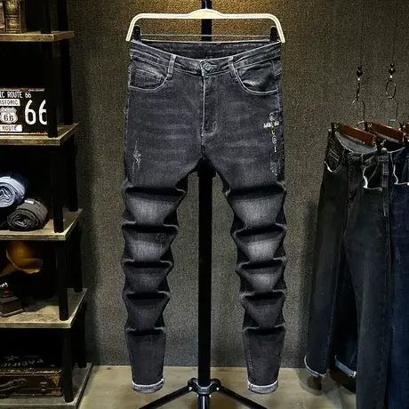 男士潮牌新款弹力牛仔长裤男韩版修身小脚牛仔裤男装潮流百搭裤子商品大图