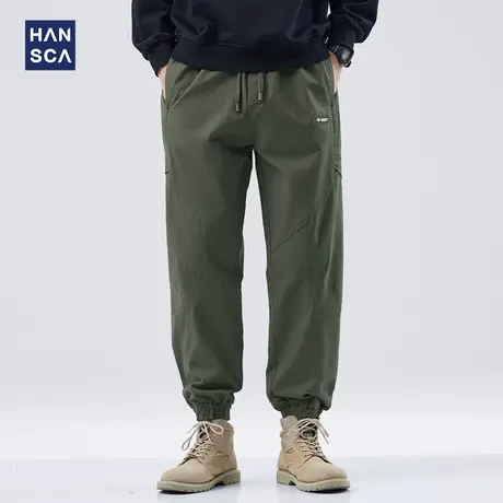 hansca日系潮牌束脚休闲裤男士秋季军绿色宽松百搭纯棉工装长裤子商品大图