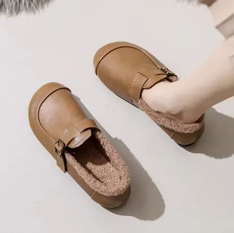 一脚蹬棉鞋女2024新款冬季加绒保暖毛毛豆豆鞋平底防滑中年妈妈鞋商品大图