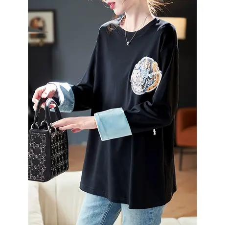 宝诗黎圆领刺绣拼接长袖T恤2024春季新款棉质国风宽松休闲上衣女商品大图