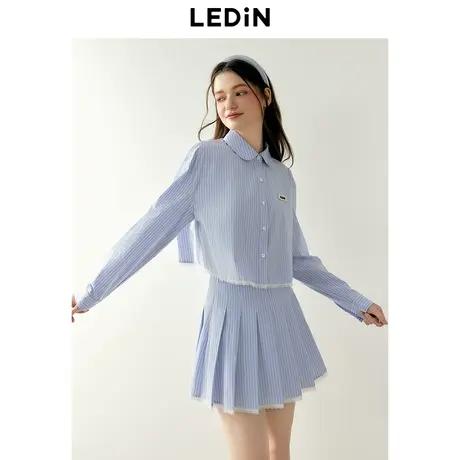 【呼呼严选专享】乐町蓝条纹纯棉长袖衬衫女24春蕾丝内搭打底上衣商品大图