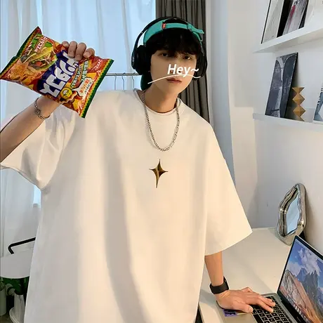 白色短袖T恤男2023新款夏季潮牌美式重磅潮流七分半袖棉感衣服装t商品大图