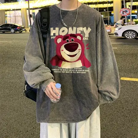 美式潮流宽松草莓熊印花圆领长袖T恤男秋季炒雪花水洗做旧打底衫商品大图