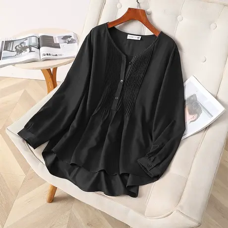 伊自尚2023年新款胖mm大码女装秋季时尚显瘦v领洋气百搭衬衫上衣商品大图