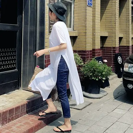 新款春夏装t恤女中长款纯棉宽松短袖纯白色侧开叉上衣分叉体恤潮图片