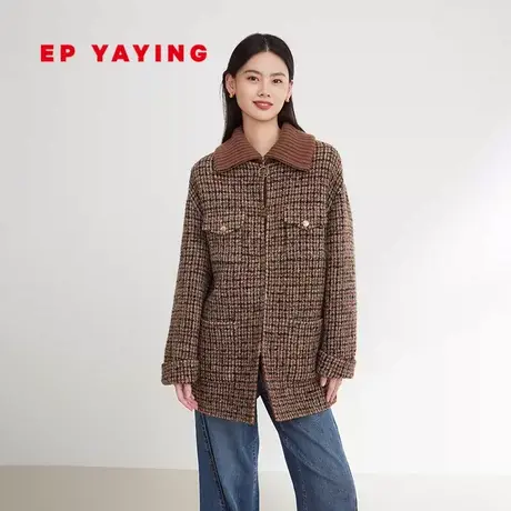 EP雅莹女装 羊驼毛混纺毛呢外套 格纹圆领短大衣 2023秋冬8401A图片