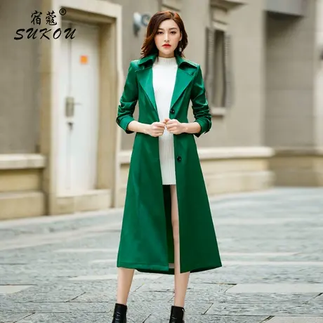 清仓特价时尚绿色风衣女中长款英伦风2023春秋装新款韩版修身外套图片