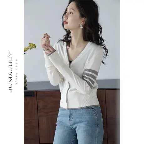 嘉茱莉2023早秋新款V领针织上衣女秋季薄款绵羊毛针织衫外套小众商品大图