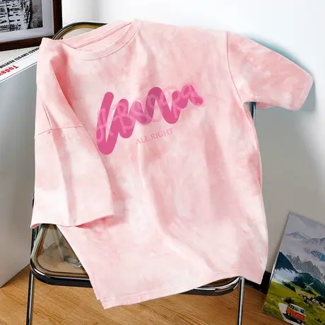 粉色纯棉短袖2023夏季新款宽松半袖扎染女装设计感小个子夏装t恤商品大图