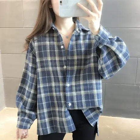 2023秋装新款慵懒风宽松显瘦百搭加厚格子衬衫女网红衬衣外搭上衣图片