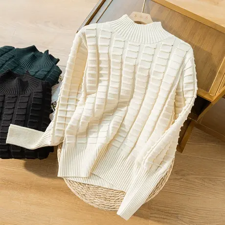 享永子半高领套头毛衣女文艺复古纯色针织衫宽松休闲秋冬2022新款商品大图