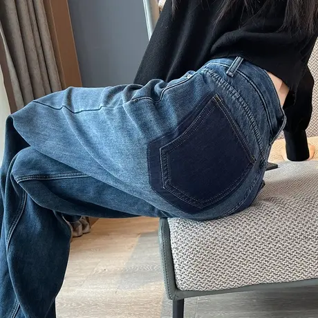 蓝色阔腿牛仔裤女2023年秋冬新款高腰直筒加绒加厚复古拖地裤子潮图片