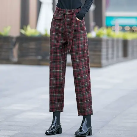 毛呢裤子女秋冬阔腿裤2023新款宽松直筒裤哈伦休闲裤女羊毛格子裤商品大图