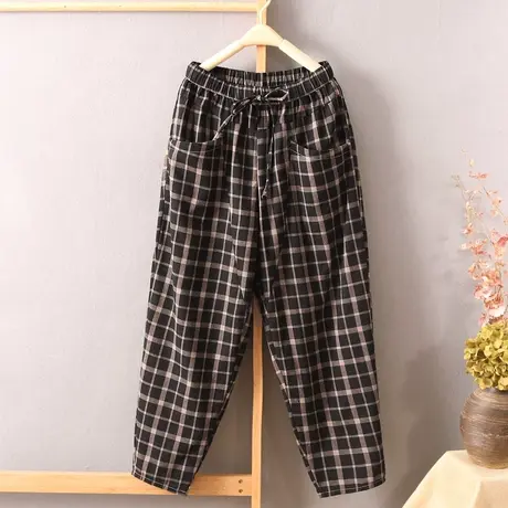 春秋休闲长裤百搭棉麻九分裤子女文艺格子小腿裤高腰宽松亚麻女裤图片