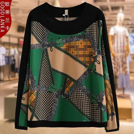 40-50岁中年妈妈秋装打底衫T恤大码宽松时尚拼接印花长袖休闲上衣商品大图