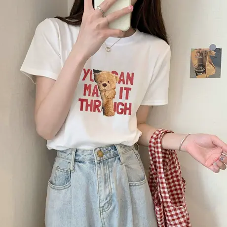 欧洲站新款小熊半袖白色t恤女短袖宽松姐妹装2023夏季纯棉上衣潮商品大图