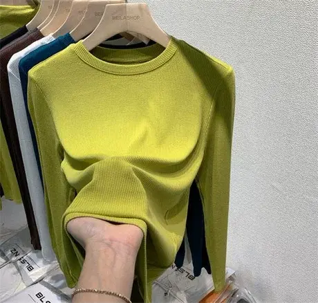 欧货时尚螺纹圆领长袖t恤女上衣2023新款春秋修身内搭薄款打底衫商品大图