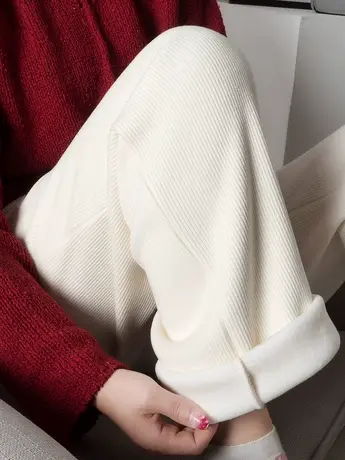 雪尼尔白色阔腿裤女春秋冬加绒高腰垂感直筒宽松休闲针织灯芯裤子图片