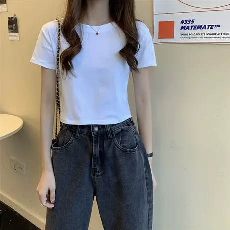白色短袖T恤女装夏季2023年新款高腰露脐短款上衣服ins短袖韩版潮商品大图