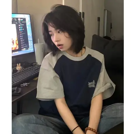 插肩撞色短袖t恤女夏季美式复古oversize宽松小众设计感半袖上衣商品大图