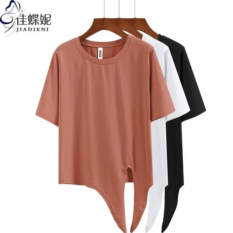 夏季新款韩版纯棉圆领宽松短款高腰打结短袖体恤上衣纯色女装商品大图