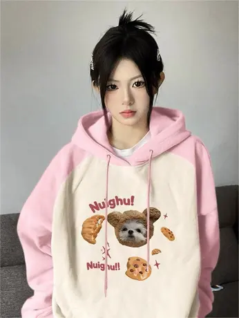 落肩连帽卫衣女拼色小众设计感春秋薄款潮牌美式复古宽松外套上衣商品大图