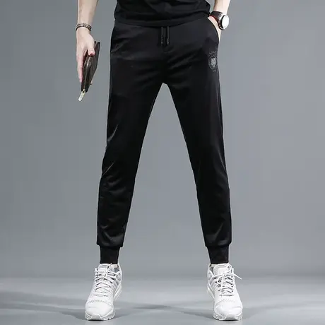 黑色冰丝休闲裤男2023夏季新款修身束脚时尚刺绣弹力裤子男士薄款商品大图