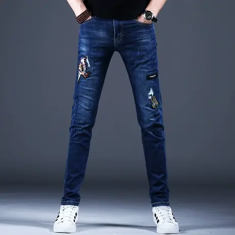 2023男士新款牛仔裤子经典蓝色修身刺绣破洞小脚裤秋款薄款百搭裤商品大图