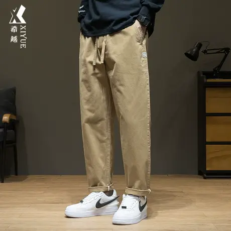 希越复古水洗休闲裤男秋季2023新款直筒九分裤宽松大码卡其色男裤商品大图