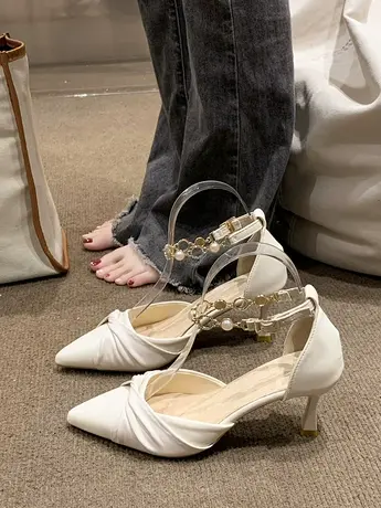 黑色高跟鞋女18岁成年礼设计感小众尖头珍珠一字带单鞋细跟中空鞋商品大图