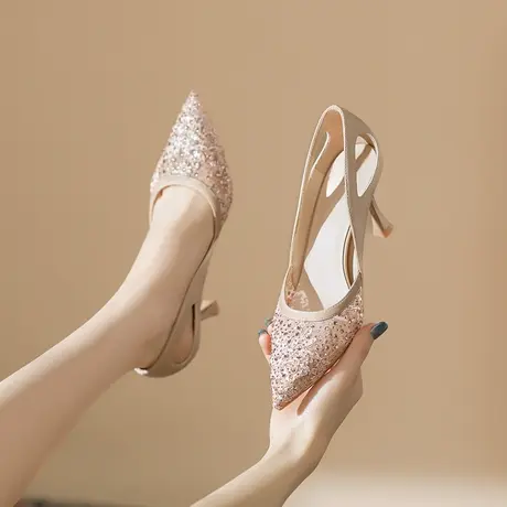 包头凉鞋2023夏季新款水钻小众设计感纯色气质温柔尖头细跟高跟鞋图片