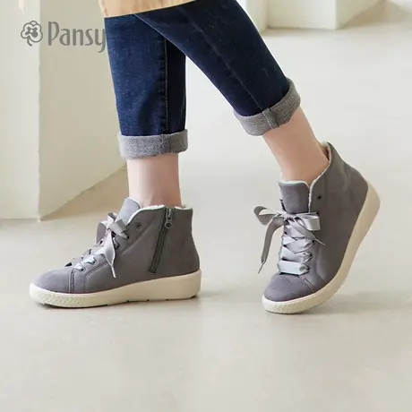 Pansy女鞋新款冬季羊毛加绒保暖平底轻便休闲拉链高帮妈妈鞋商品大图