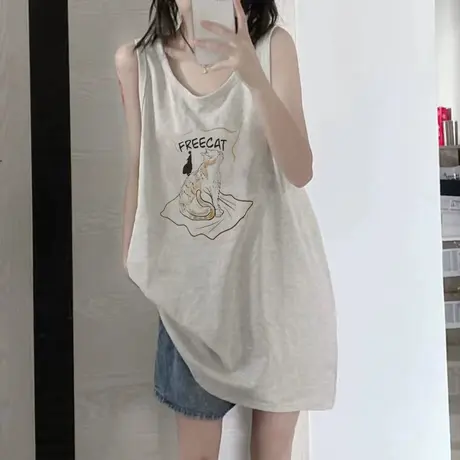 纯棉吊带坎肩背心无袖t恤女夏季设计感小众外穿宽松港风挂脖上衣图片