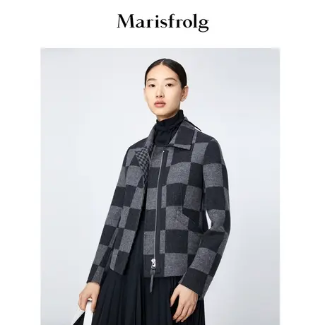 【复古外套】玛丝菲尔冬新款灰色棋盘格子纹羊毛毛呢外套大衣女商品大图