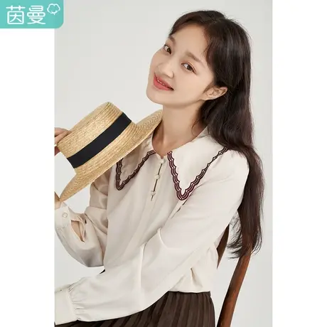 茵曼百搭女2023春季新款刺绣大翻领套头休闲宽松通勤减龄涤纶衬衫商品大图