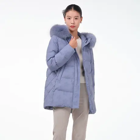 坦博尔2023冬季新款羽绒服女士连帽短款毛领印花休闲保暖外套冬商品大图