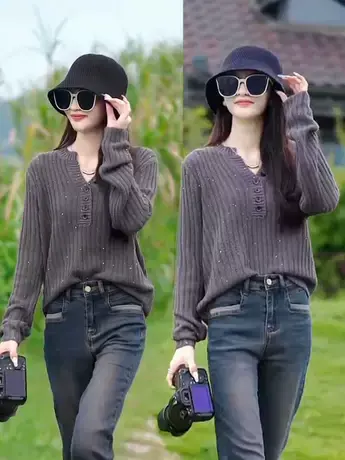 早秋v领慵懒风针织毛衣女2023秋季新款洋气复古设计感亮片针织衫商品大图