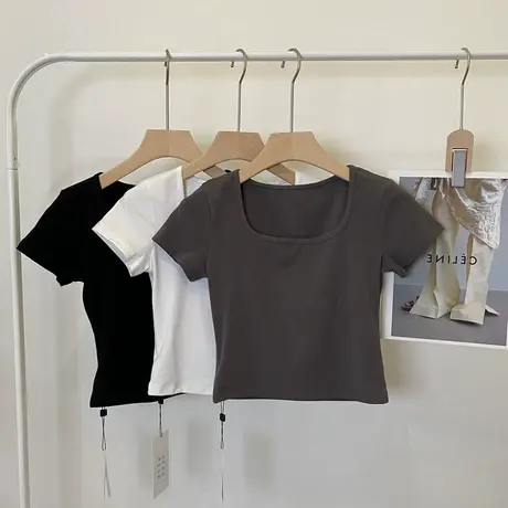 美式基础款短袖T恤女夏纯色复古U领露锁骨打底衫高腰短款露脐上衣图片