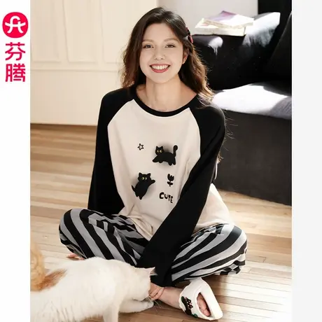 芬腾睡衣女春秋季纯棉长袖套装韩版甜美少女休闲宽松可外穿家居服商品大图