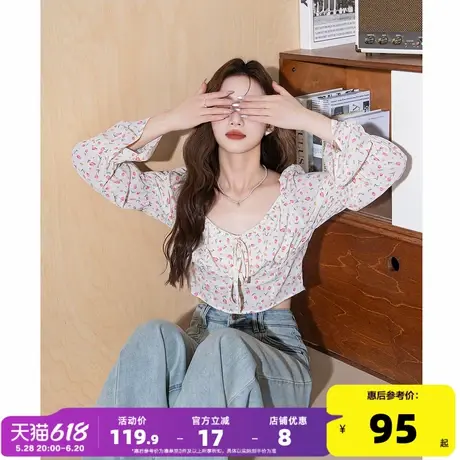 唐狮2025春夏新款女长袖衬衫碎花短款绑带设计感衬衣夏季超好看图片