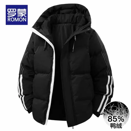 罗蒙羽绒服男士2025冬季新款潮流撞色条纹短款连帽加厚保暖外套商品大图