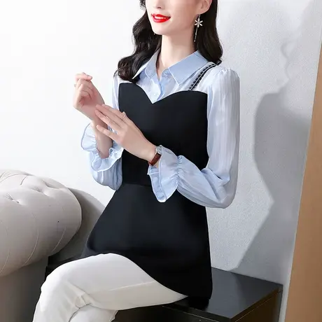 大码女装2023秋装新款胖MM显瘦拼接时尚气质中长款长袖雪纺女上衣商品大图