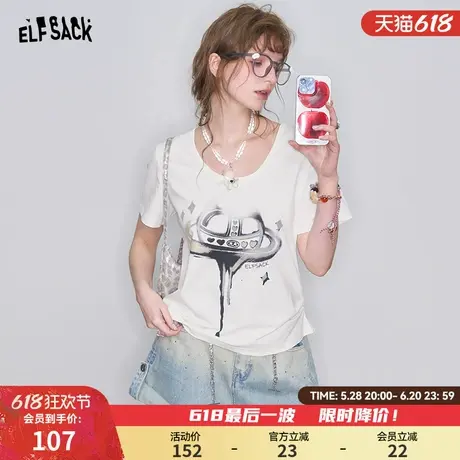 妖精的口袋白色印花短袖t恤女2025春夏新款宽松显瘦正肩休闲上衣商品大图
