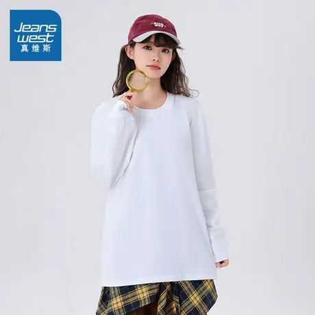 XC真维斯女装2025春季新款 简约百搭宽松纯棉240G重磅长袖T恤女款商品大图