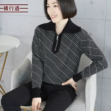 大翻领斜纹长袖毛衣宽松拉链大码韩版妈妈装2023新款冬装针织衫女商品大图