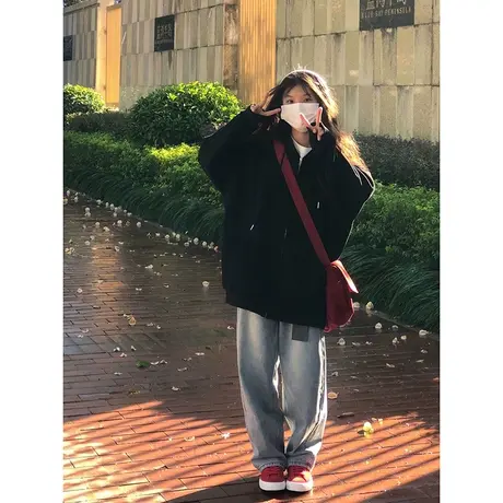 黑色连帽卫衣女oversize大码复古秋季拉链外套ins潮百搭开衫上衣图片